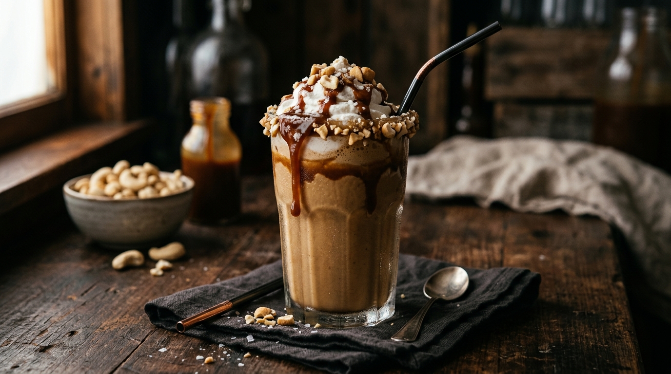 Finished vegan salted caramel cashew milkshake served