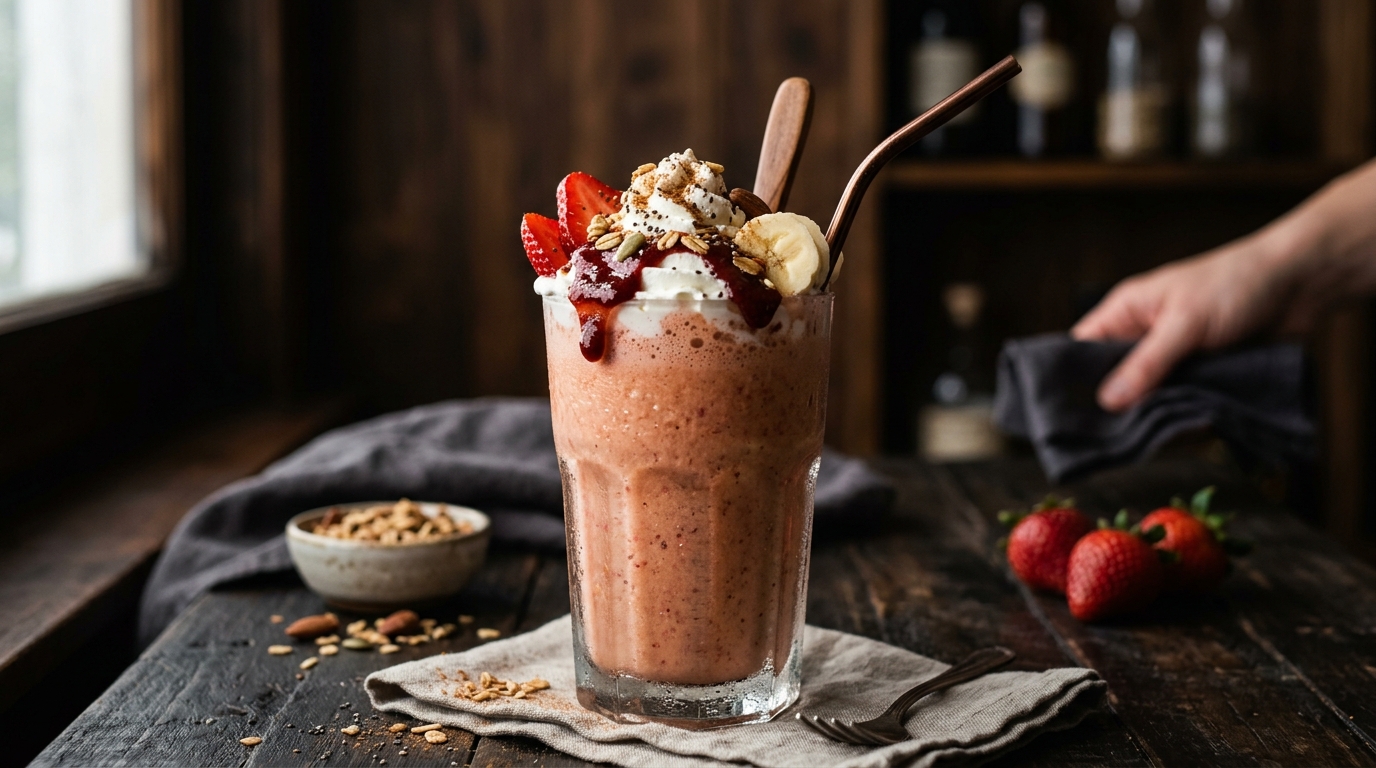 Finished strawberry banana protein milkshake served