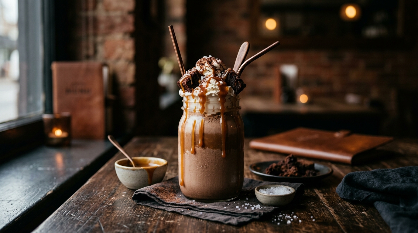 Finished salted caramel brownie milkshake served