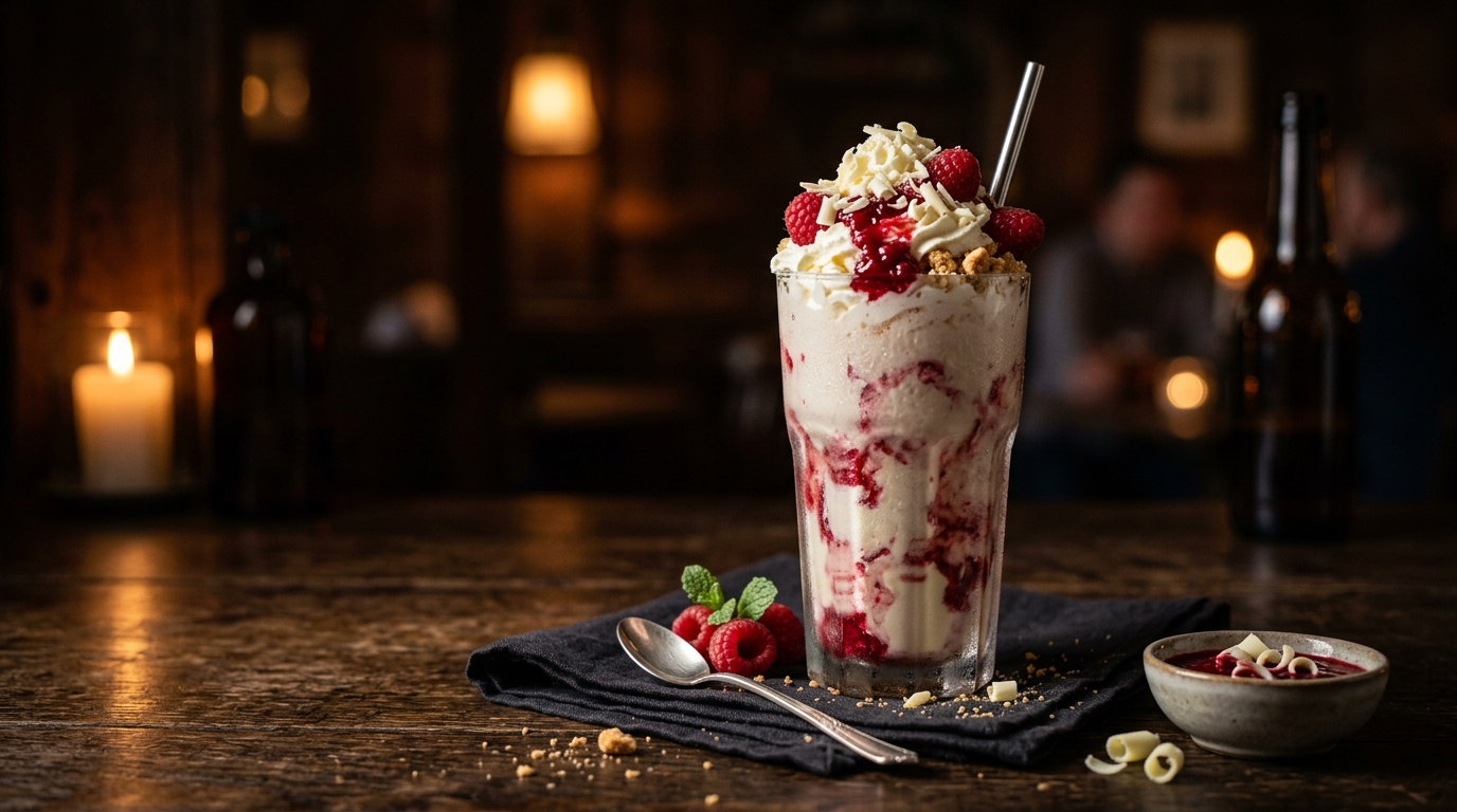 Finished white chocolate raspberry cheesecake milkshake served