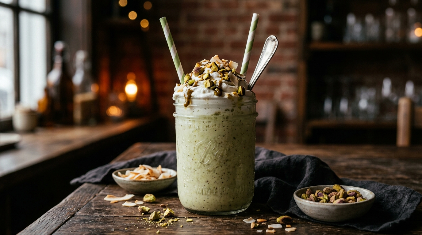 Finished pistachio coconut vegan milkshake served