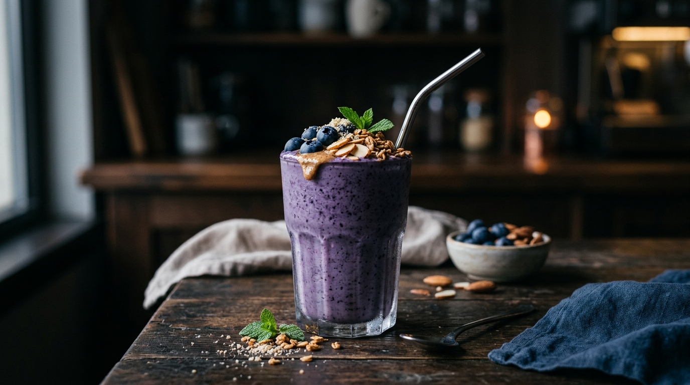 Finished blueberry almond protein milkshake served
