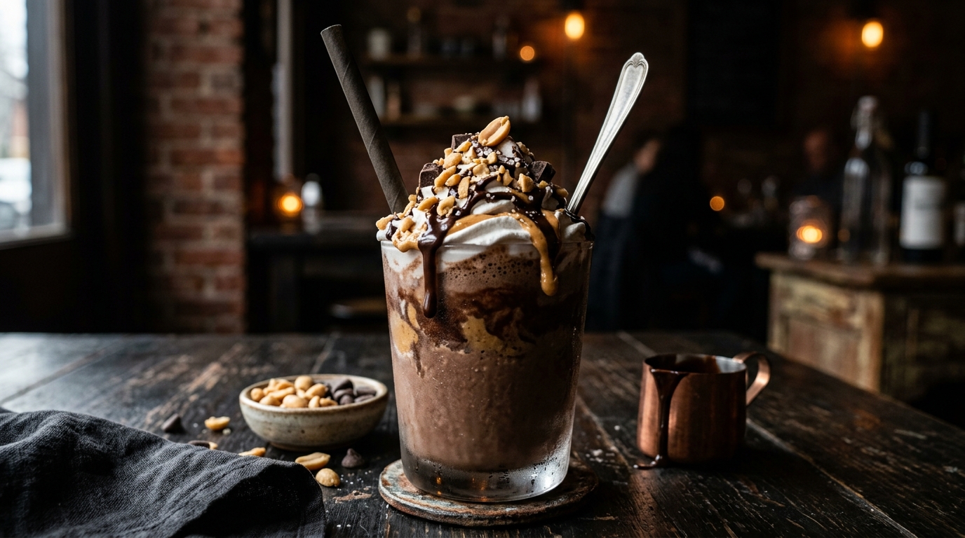 Finished vegan chocolate peanut butter milkshake served
