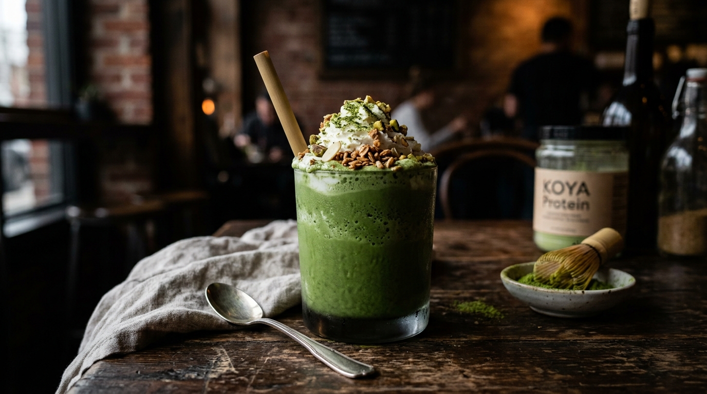 Finished matcha green tea protein milkshake served