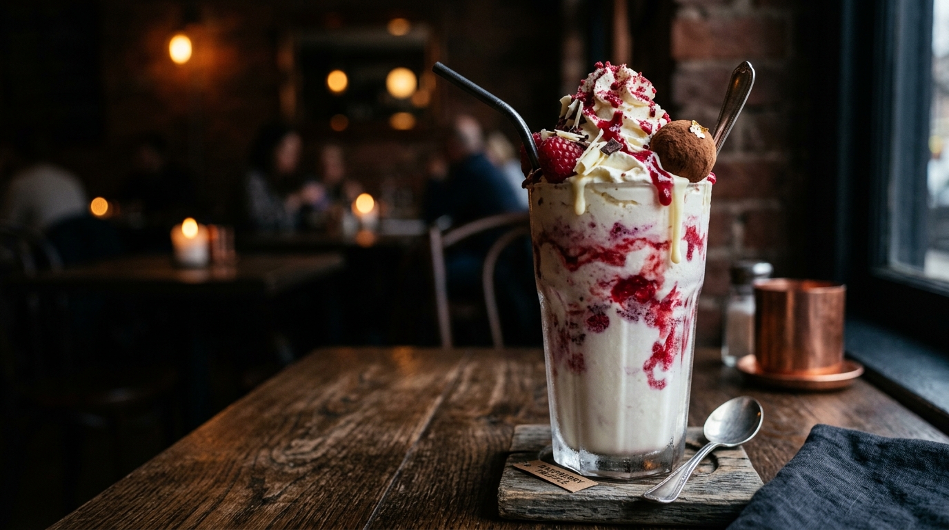 Finished white chocolate raspberry truffle milkshake served