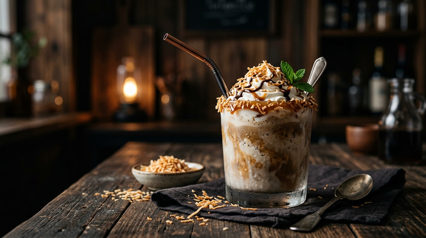 Finished toasted coconut cold brew milkshake served