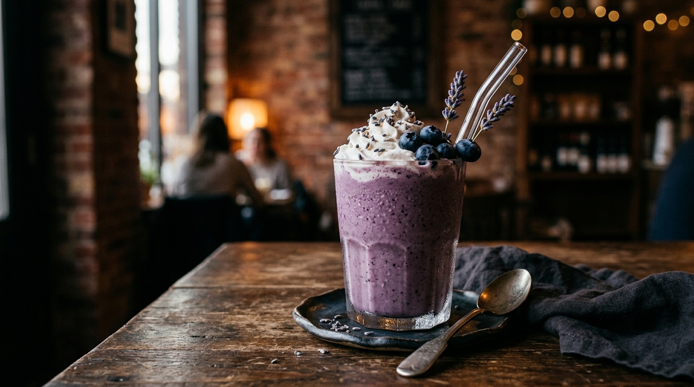 Finished blueberry lavender vegan milkshake served