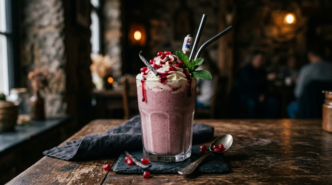 Finished pomegranate vanilla bean milkshake served