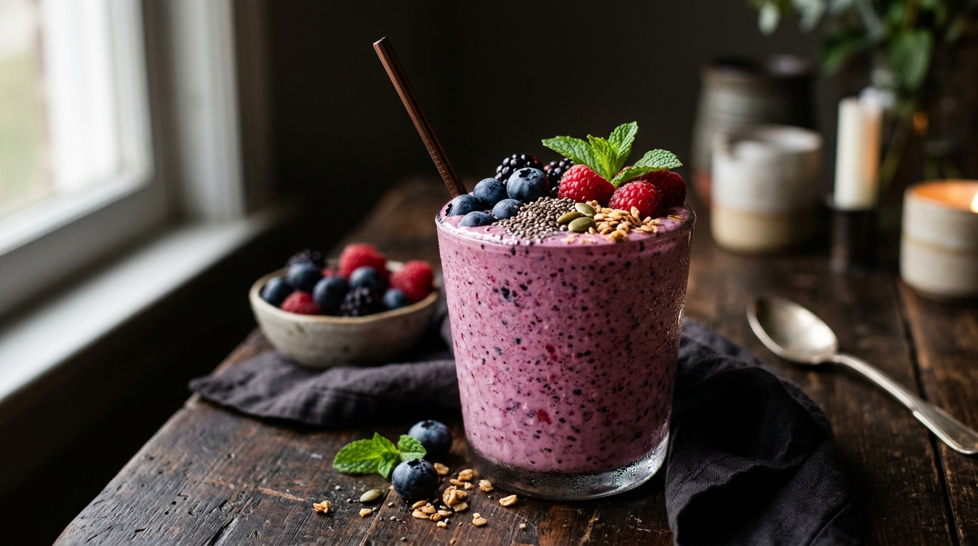 Finished berry antioxidant milkshake with greek yogurt and chia seeds served