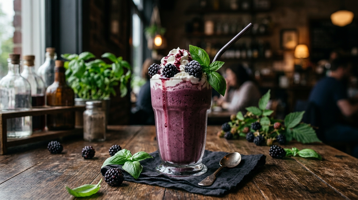 Finished blackberry basil milkshake served