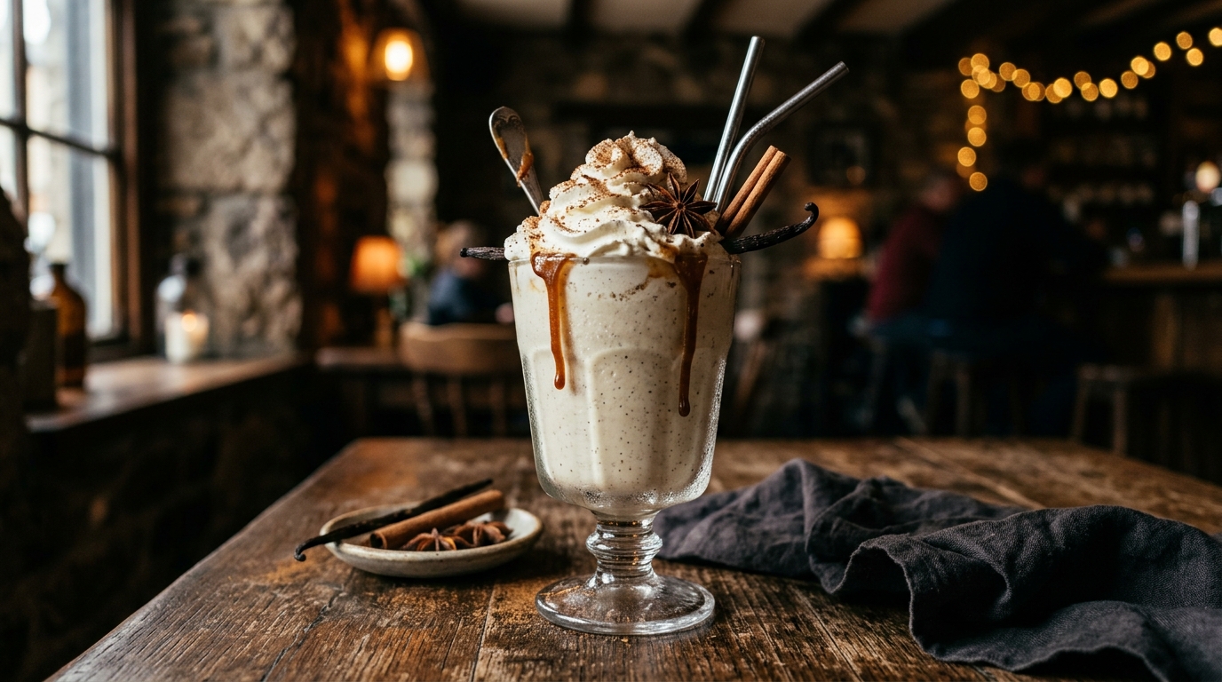 Finished indulgent spiced vanilla bean milkshake served