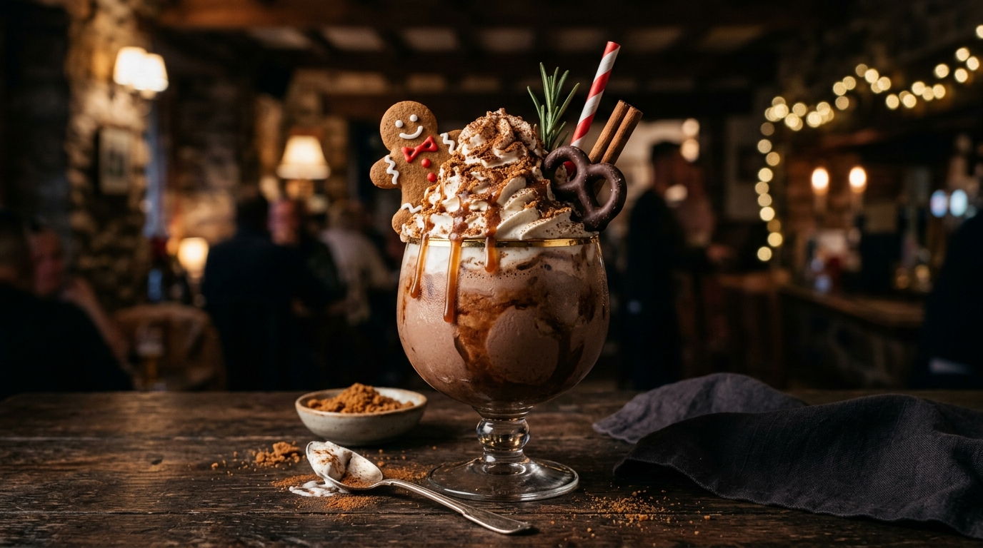 Finished decadent gingerbread chocolate milkshake served