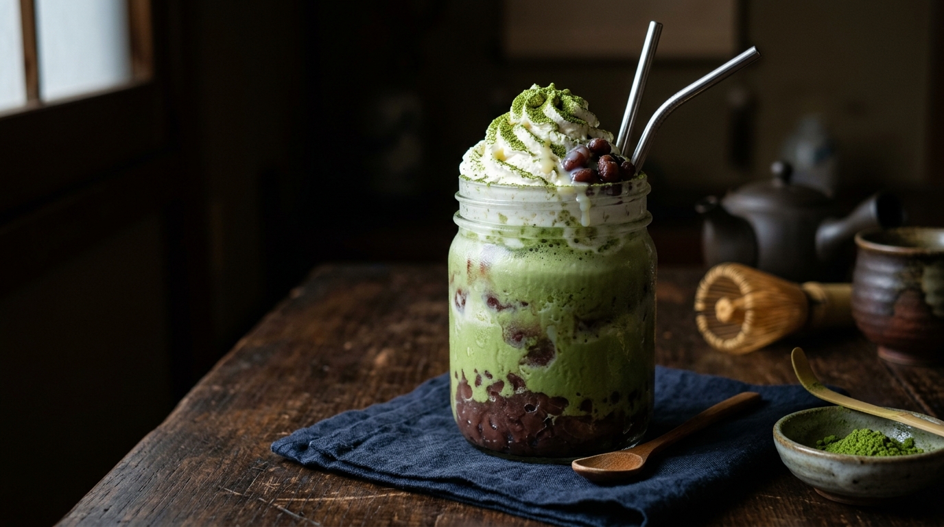 Finished japanese matcha red bean milkshake served