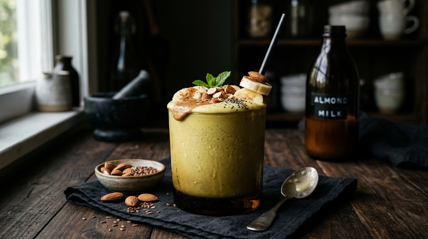 Finished protein-packed avocado banana milkshake with almond milk served