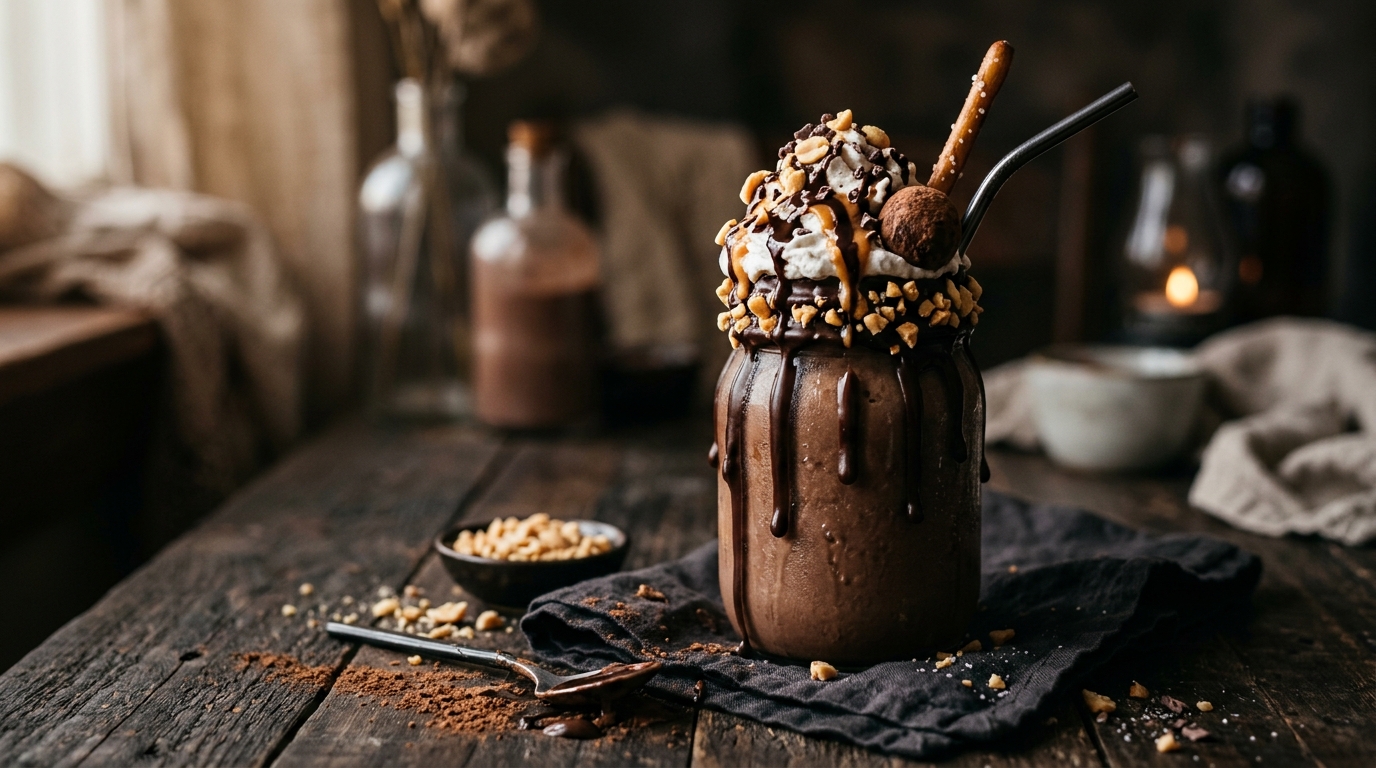 Finished decadent chocolate peanut butter vegan milkshake served