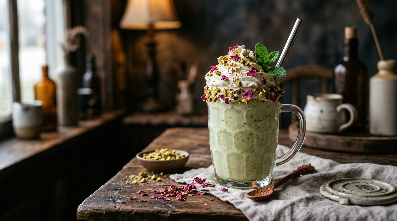 Finished aromatic rosewater pistachio milkshake served
