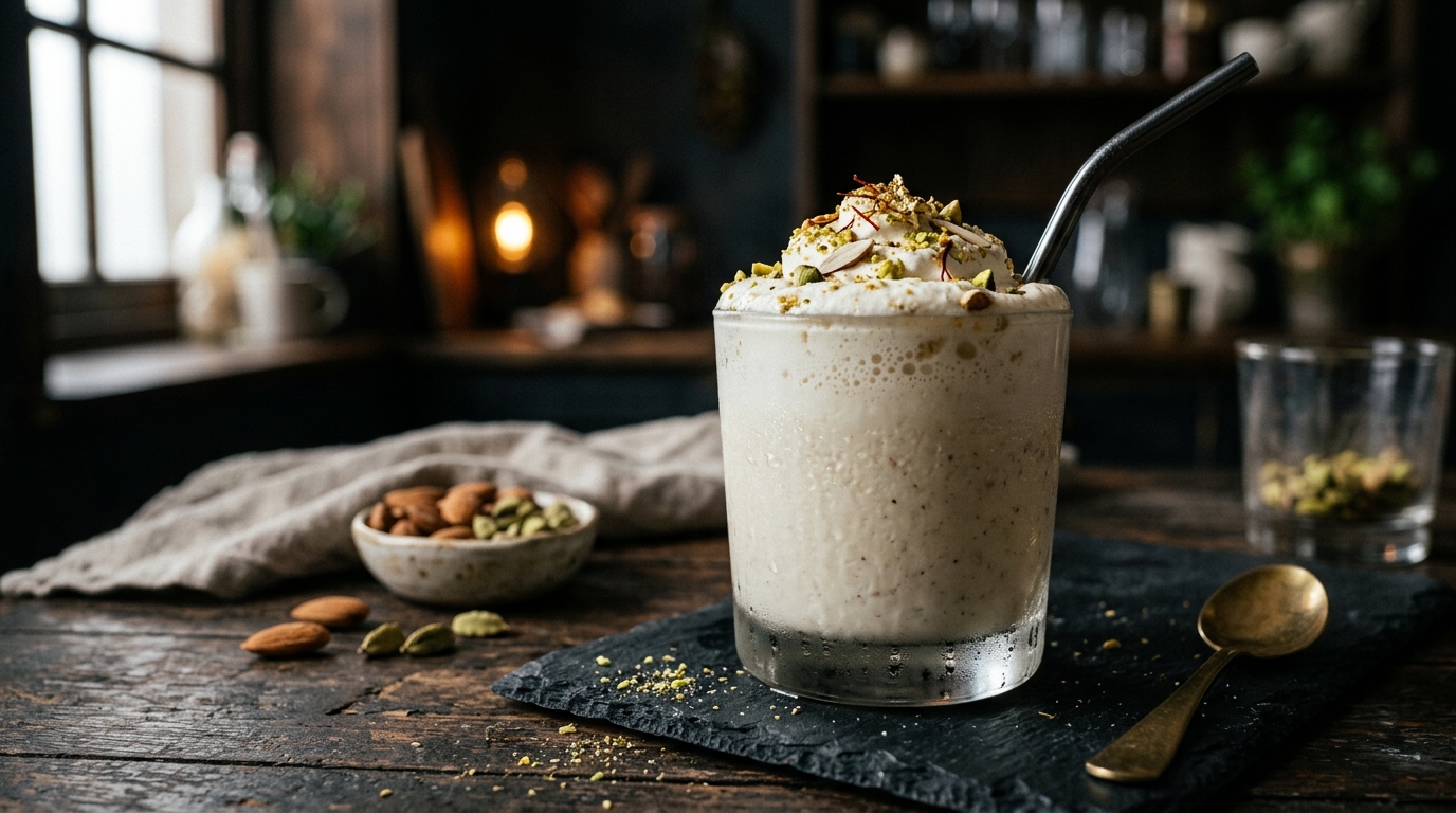Finished rich cardamom almond milkshake served
