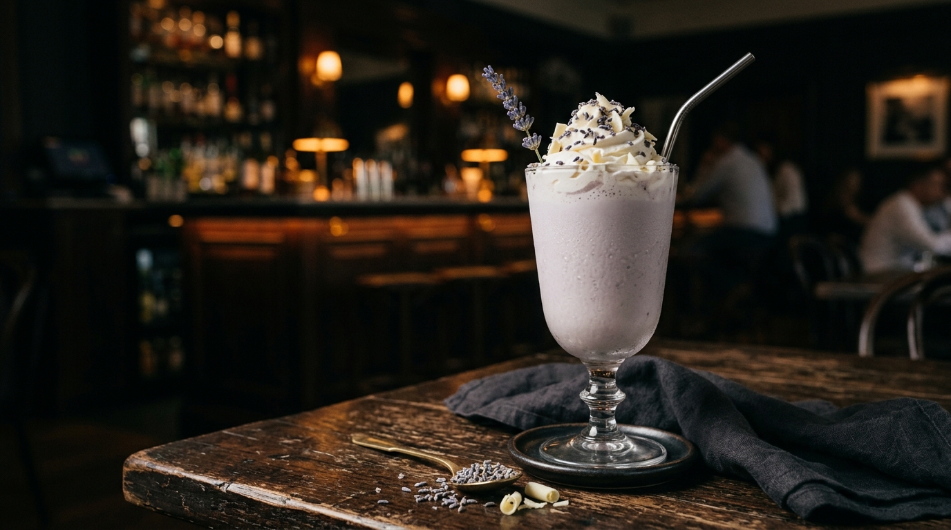Finished velvety lavender white chocolate milkshake served