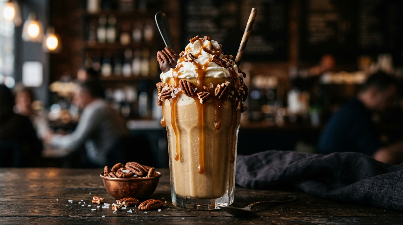 Finished indulgent salted caramel and pecan milkshake served