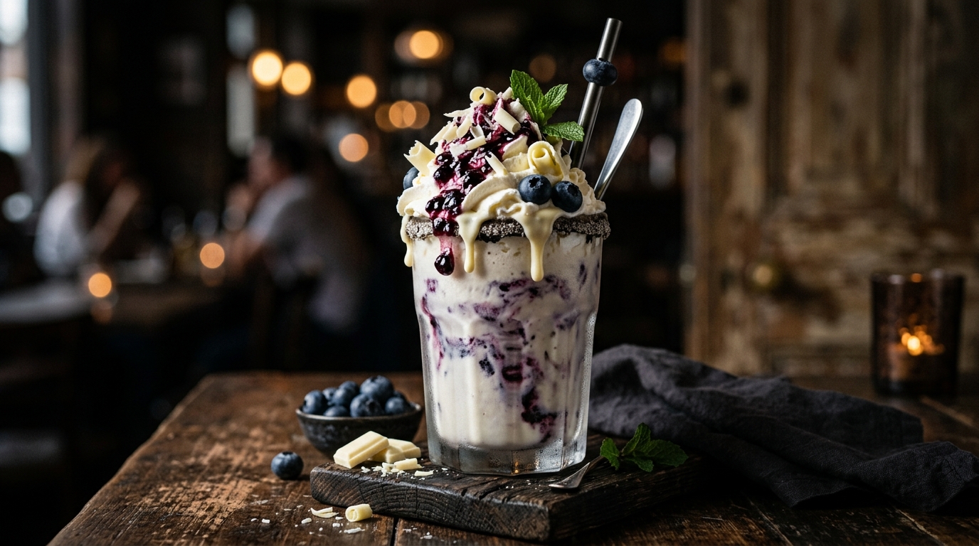 Finished decadent white chocolate and blueberry milkshake served