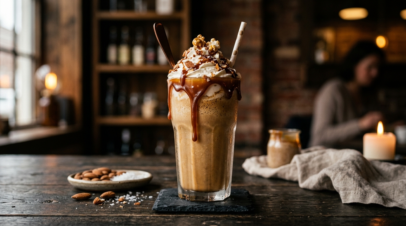 Finished salted caramel almond milkshake served