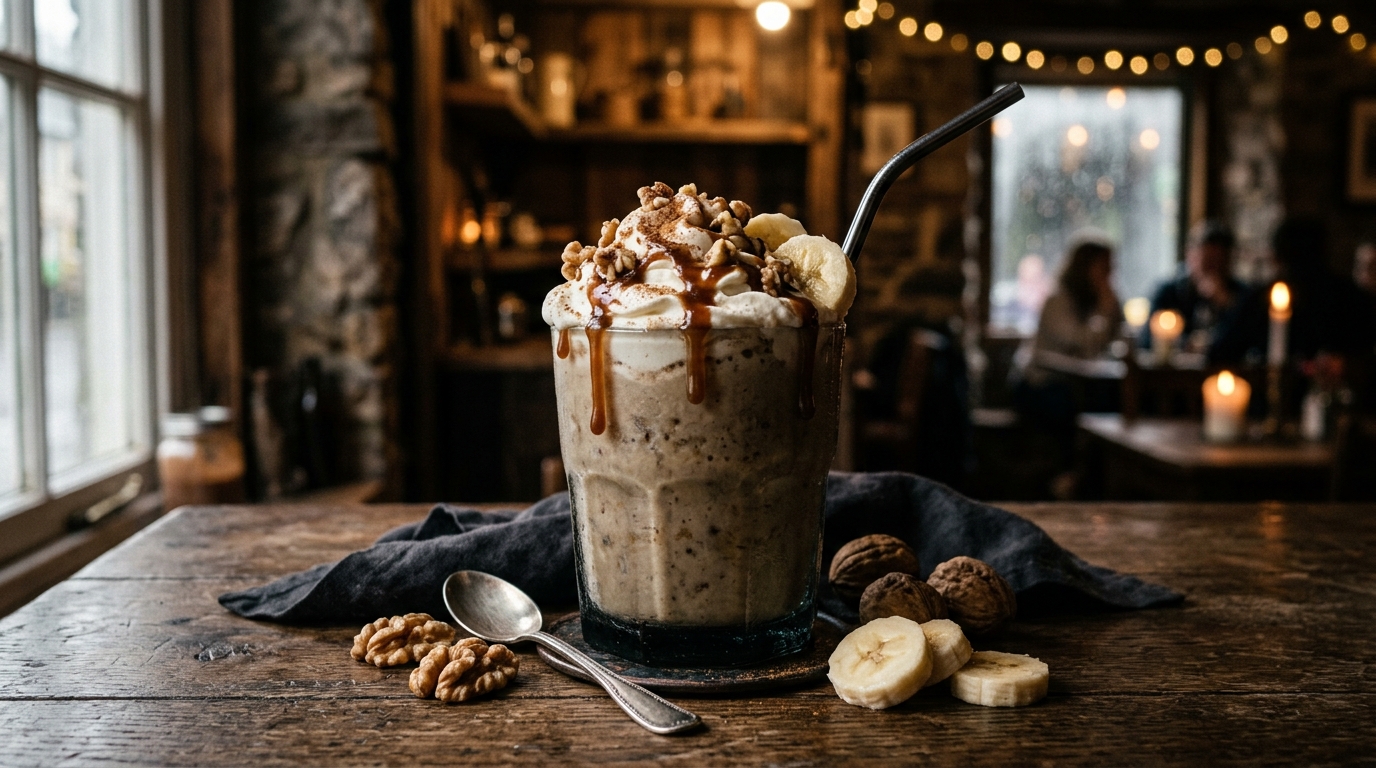 Finished hearty banana and walnut milkshake served