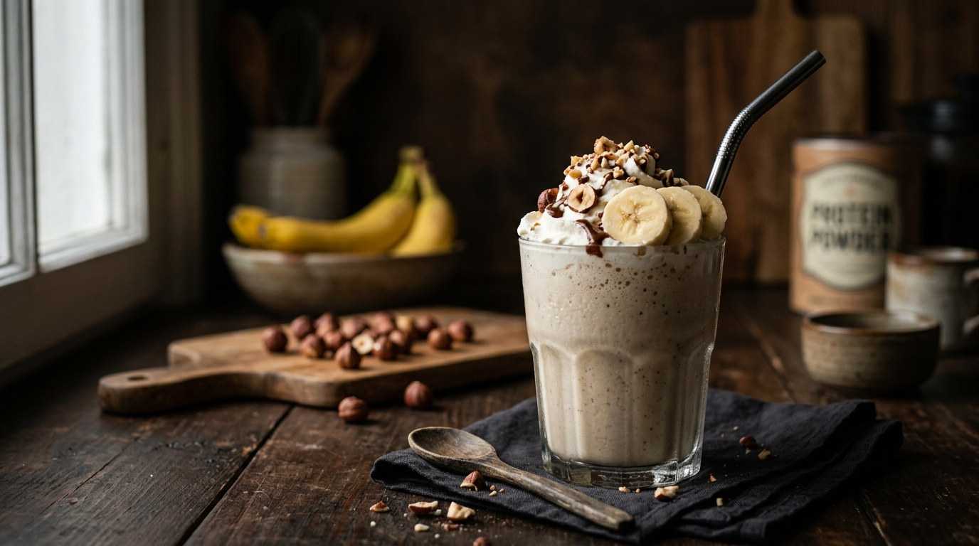 Finished hazelnut and banana protein milkshake served