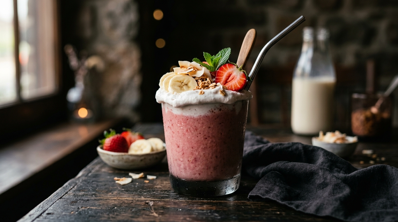 Finished strawberry banana vegan milkshake with coconut cream served