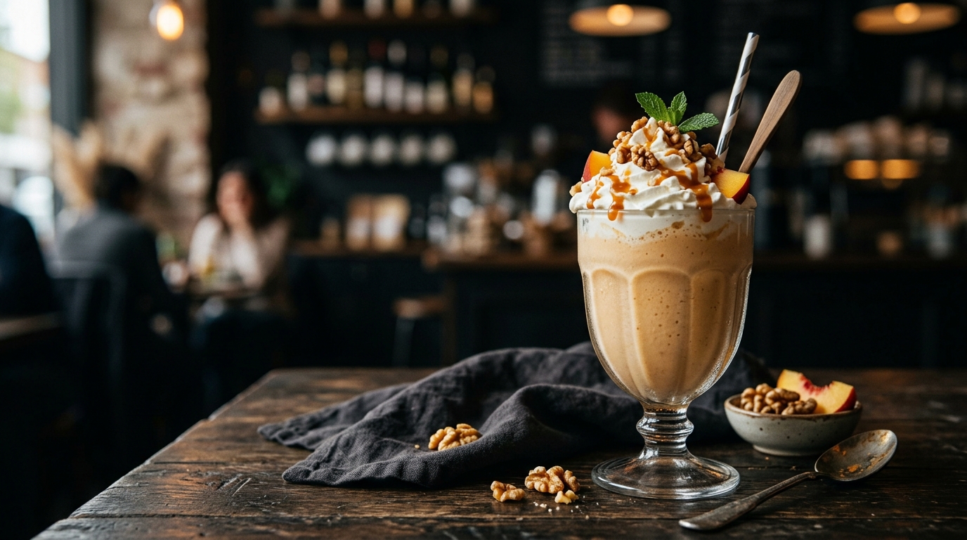 Finished peach and walnut gourmet milkshake served