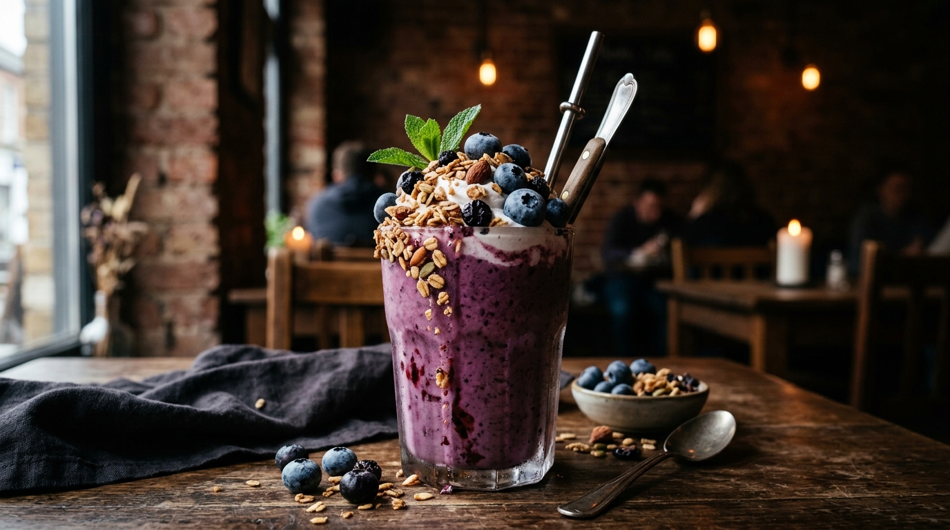 Finished blueberry and granola vegan milkshake served