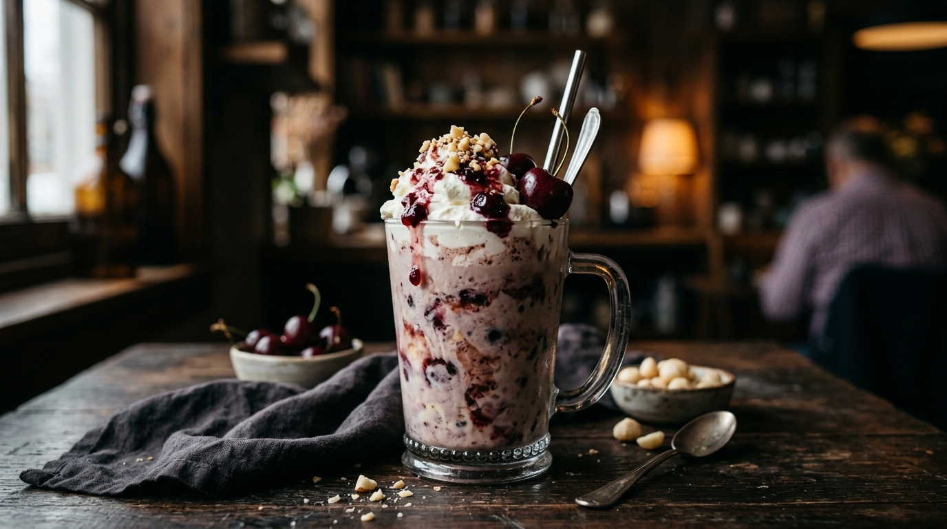 Finished cherry and macadamia nut milkshake served
