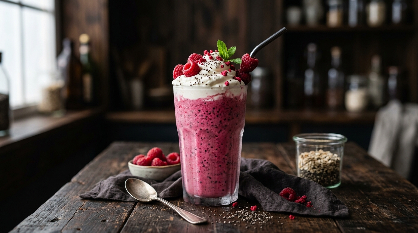 Finished raspberry and chia seed protein milkshake served