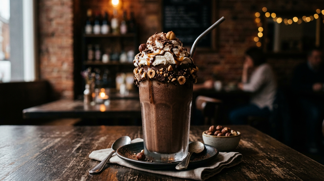 Finished café-style mocha hazelnut milkshake served
