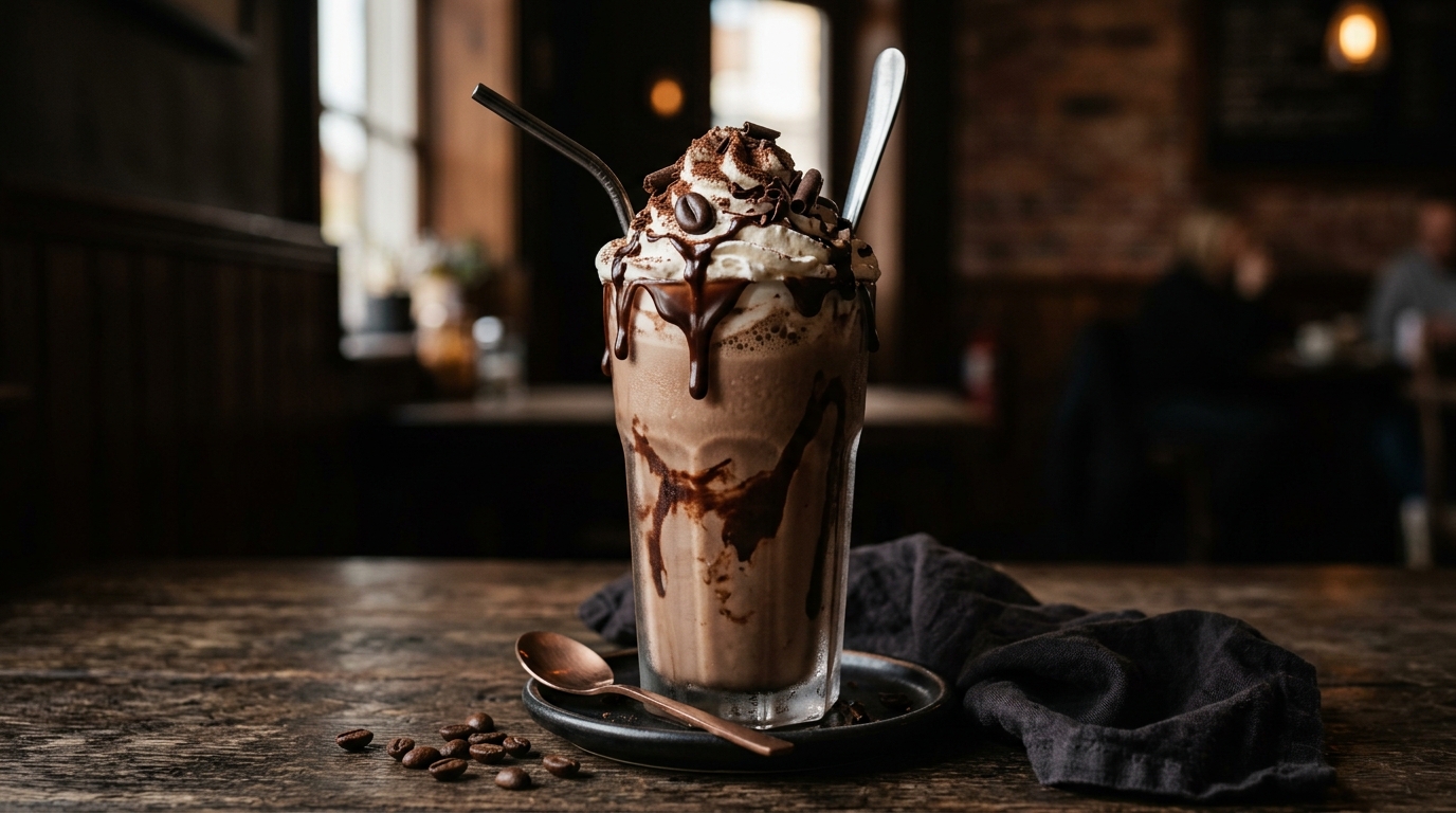 Finished rich mocha coffee milkshake with chocolate sauce served