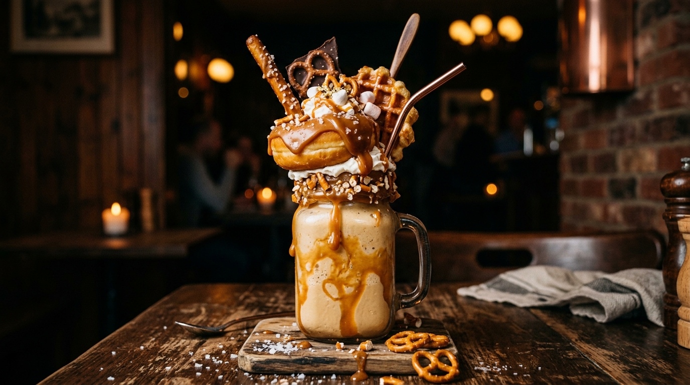 Finished salted caramel pretzel freakshake served