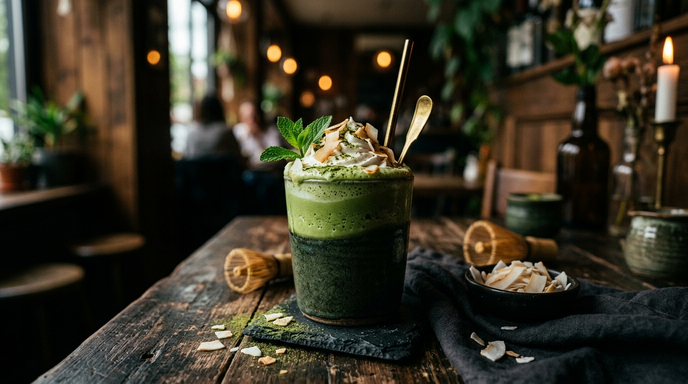 Finished vegan coconut matcha milkshake served