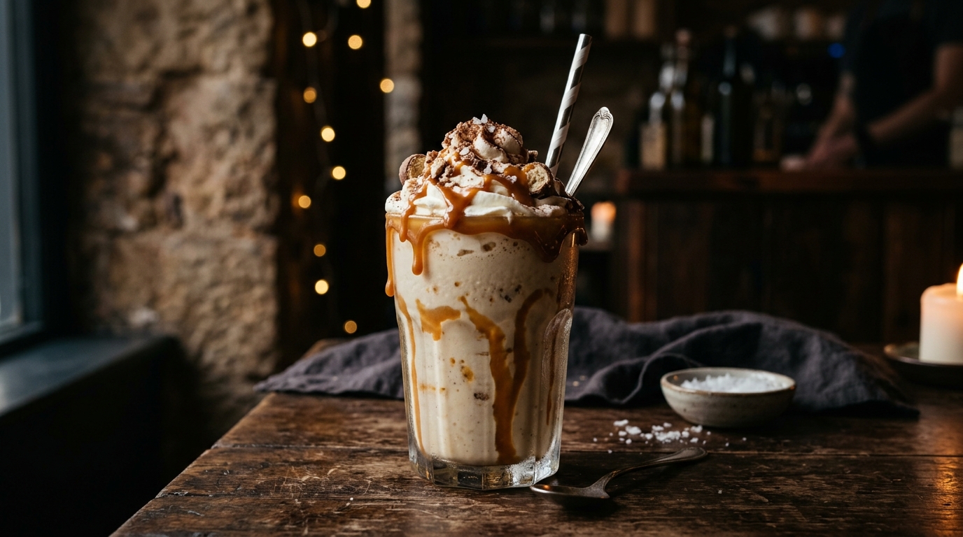 Finished salted caramel malt coffee milkshake served