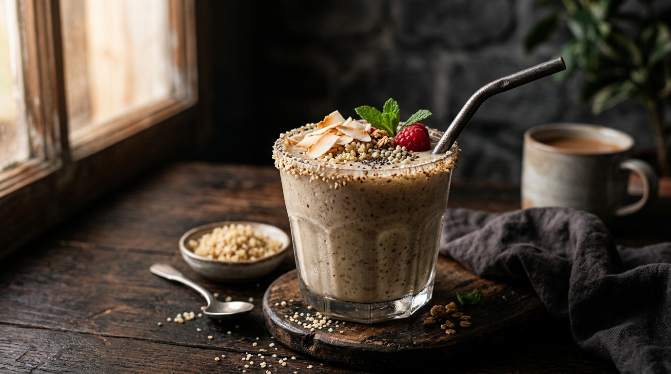 Finished coconut and quinoa breakfast milkshake served