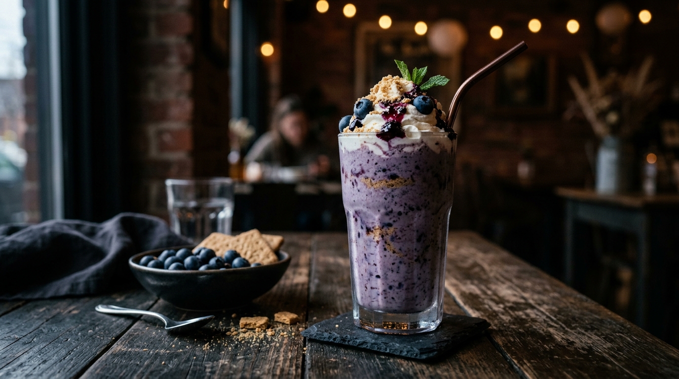 Finished blueberry cheesecake protein shake served