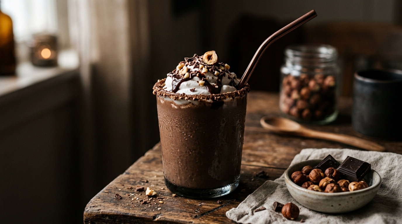 Finished vegan chocolate hazelnut protein shake served