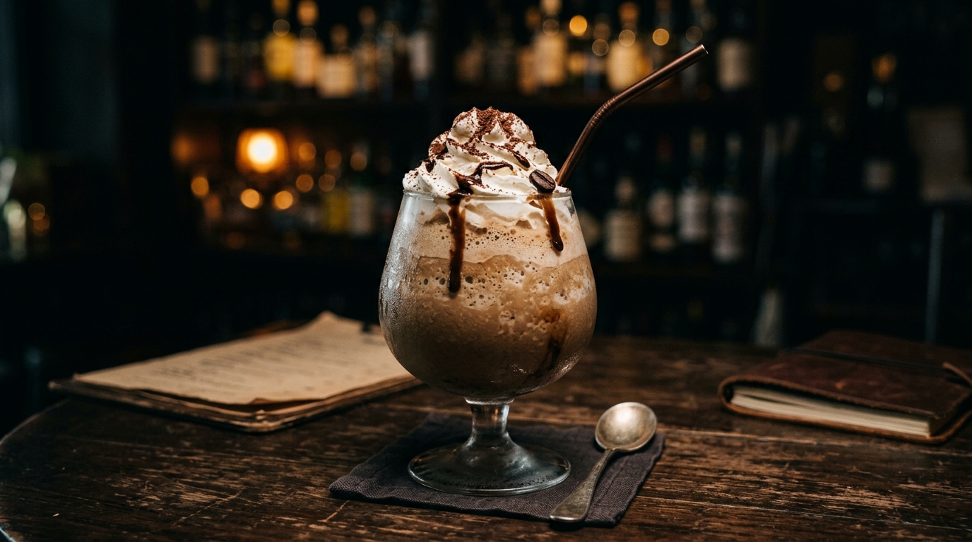 Finished cold brew coffee milkshake with vanilla ice cream served