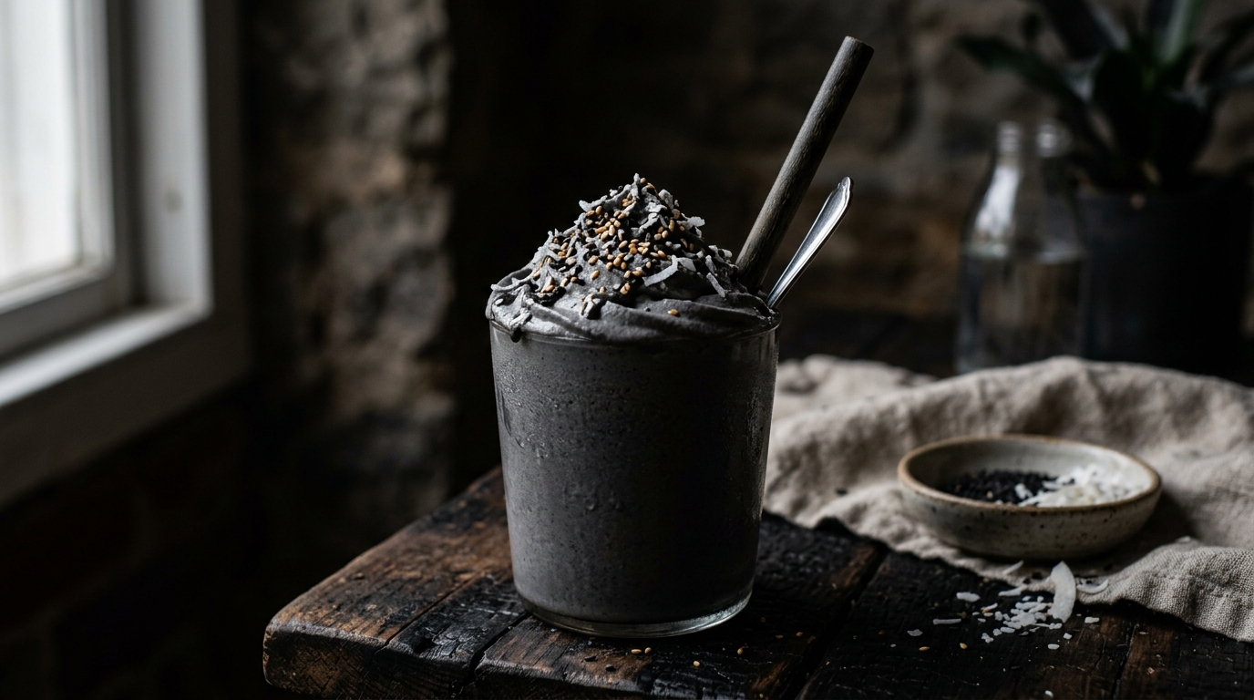 Finished black sesame coconut vegan milkshake served