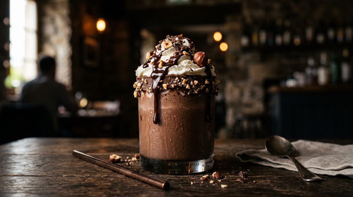 Finished indulgent hazelnut chocolate protein milkshake served