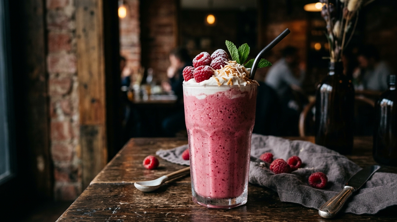 Finished tangy raspberry coconut vegan milkshake served