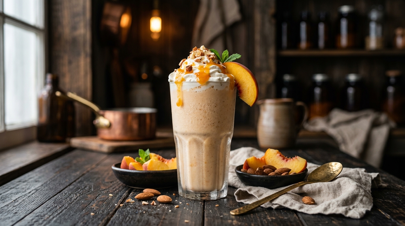 Finished sweet peach almond protein milkshake served