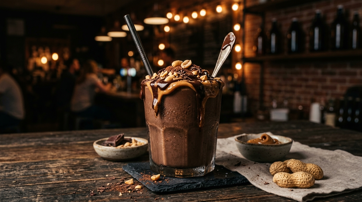 Finished chocolate peanut butter protein milkshake served