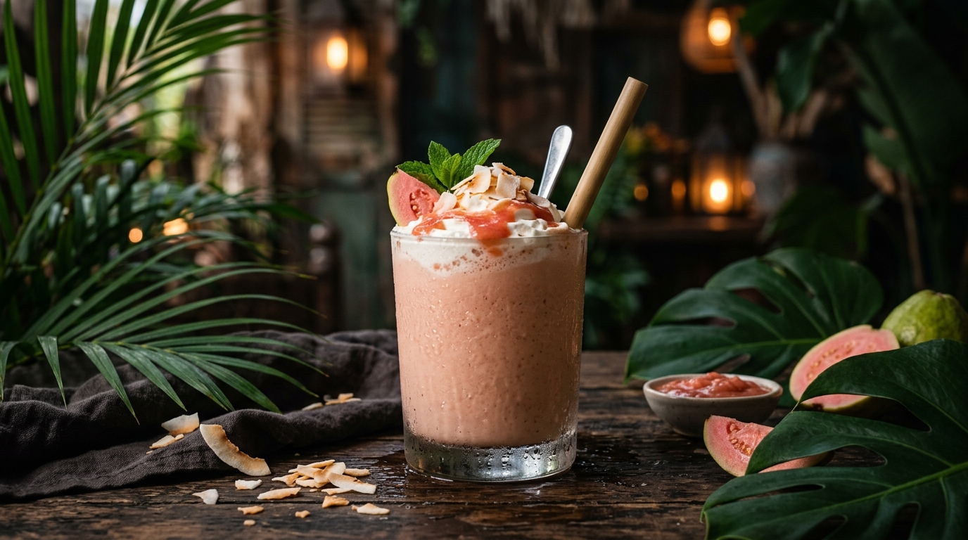 Finished tropical guava coconut milkshake served