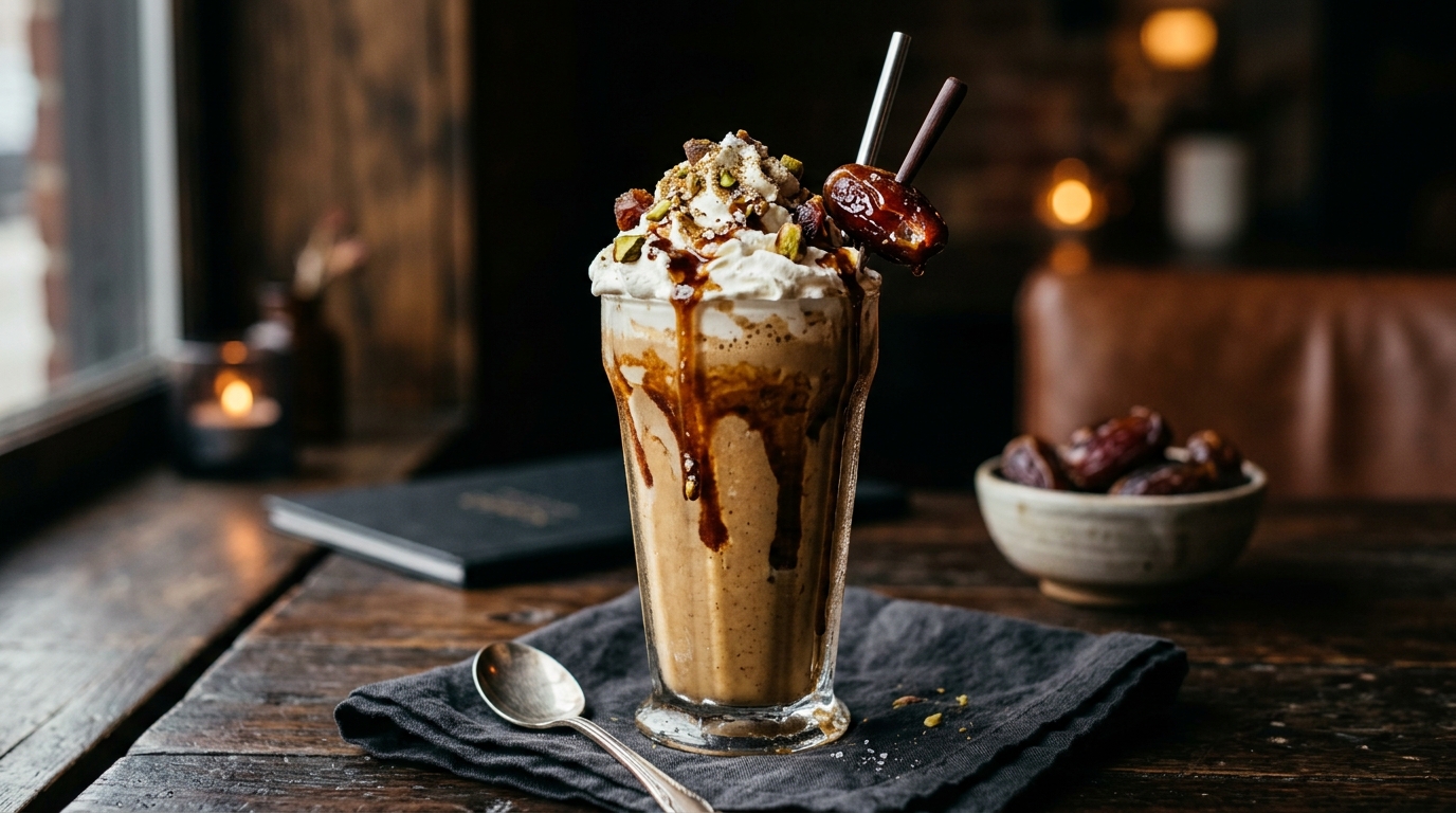 Finished decadent tahini date milkshake served