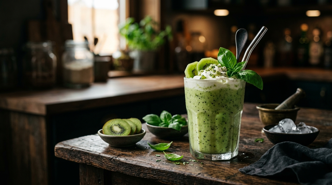 Finished refreshing kiwi basil milkshake served