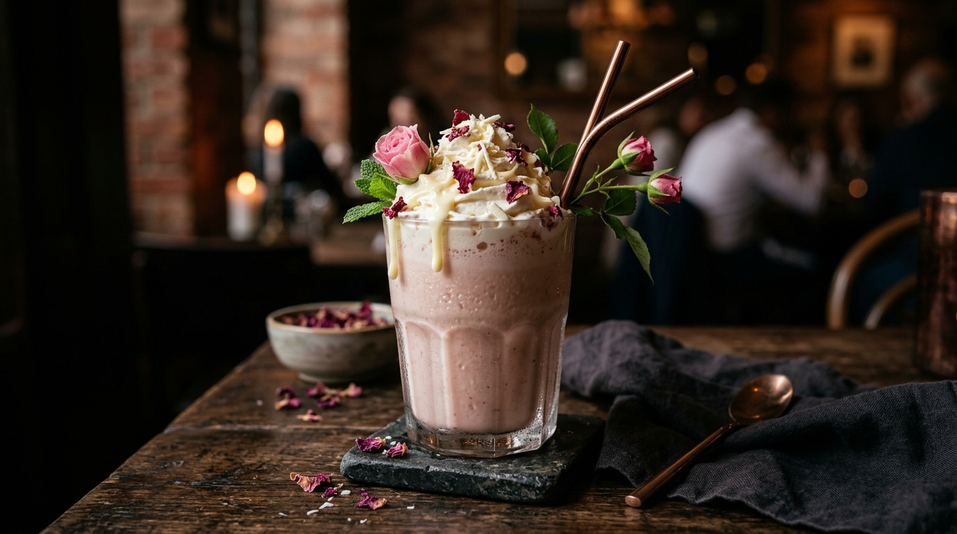 Finished indulgent white chocolate rose milkshake served